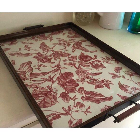 Wood Frame Antique Vintage Glass Serving Tray Red Flower Pattern Print - Picture 6 of 15